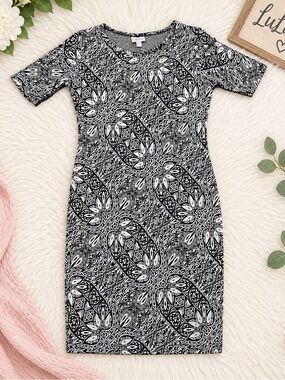 LuLaRoe Julia Dress S Black White Paisley Floral Stretch Pencil Sheath Midi
